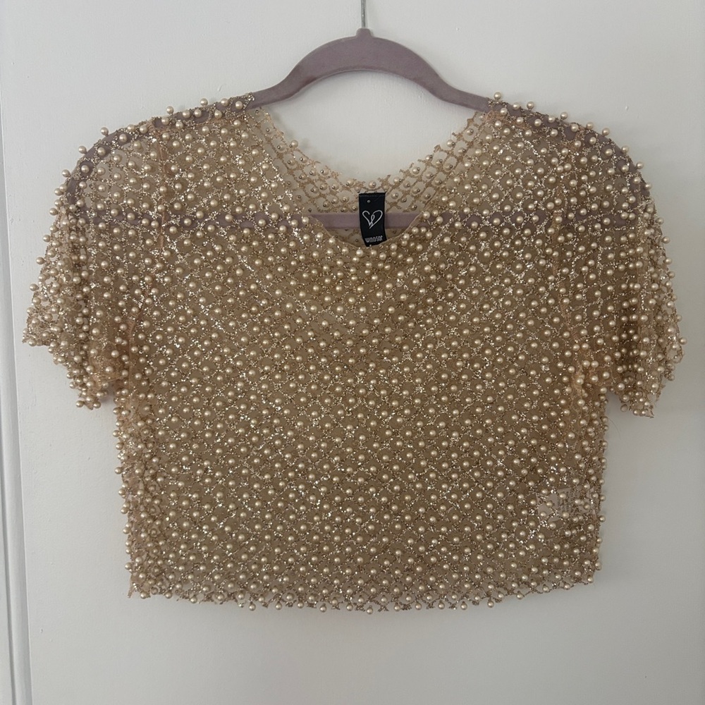 Windsor Beaded Pearl-Embellished Gold Crop Top